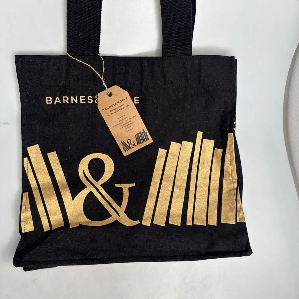 Barnes & Noble Black & Gold Tote Bag Organic Cotton Reusable NEW 15